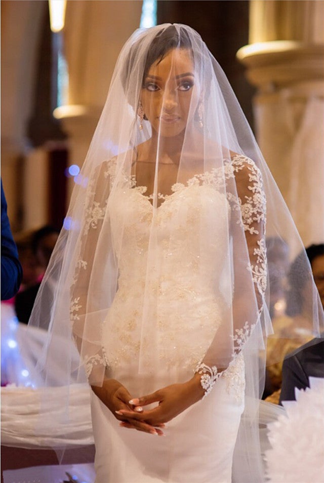 Lace Appliques Long Sleeves Open Back Mermaid Wedding Dress Scoop Neckline