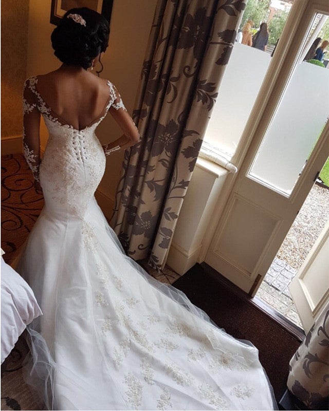 Lace Appliques Long Sleeves Open Back Mermaid Wedding Dress Scoop Neckline