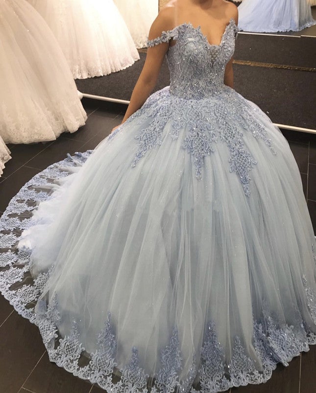 Lace Embroidery Tulle Ball Gowns Wedding Off Shoulder Dresses