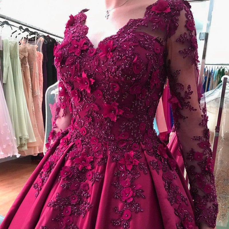 Lace Flower Beaded Long Sleeves Ball Gowns Wedding Dresses
