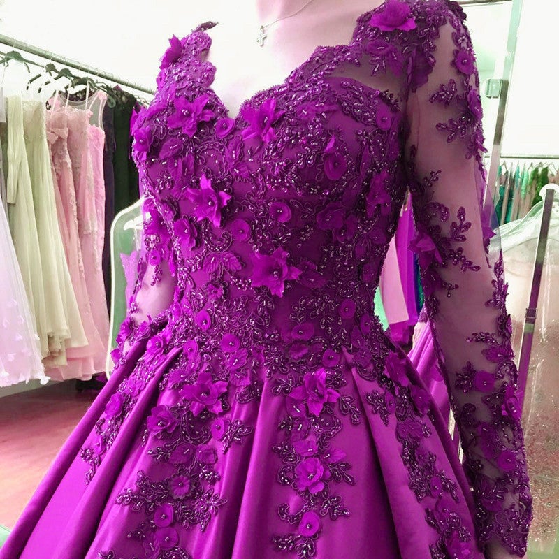 Lace Flower Beaded Long Sleeves Ball Gowns Wedding Dresses