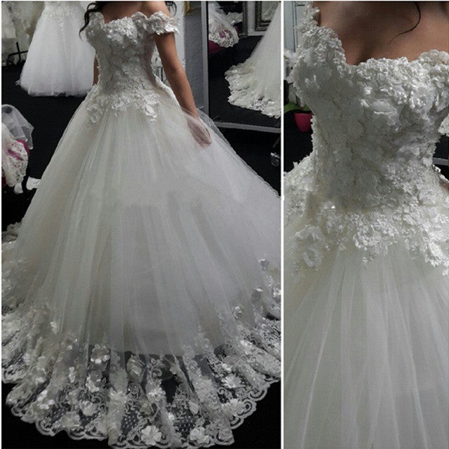 Lace Flowers Off Shoulder Tulle Ball Gown Wedding Dresses