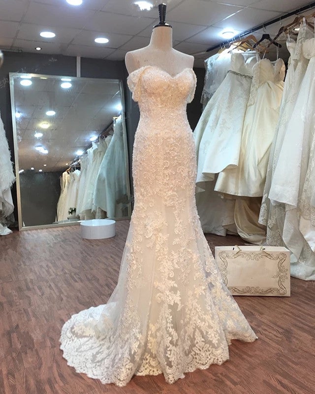 Lace Off Shoulder Mermaid Wedding Dresses Removable Skirt