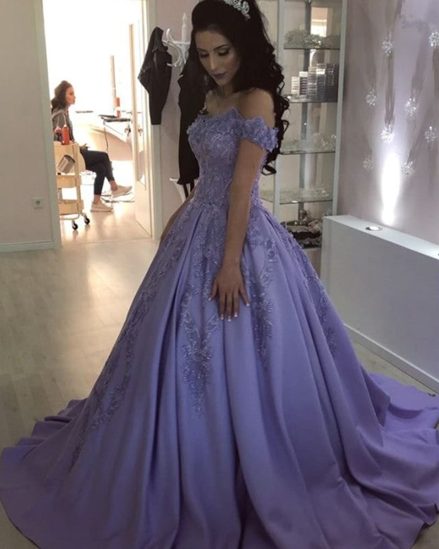 Lilac Lace Flowers Beaded V-neck Ball Gown Satin Dresses Off Shoulder