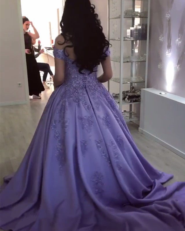 Lilac Lace Flowers Beaded V-neck Ball Gown Satin Dresses Off Shoulder