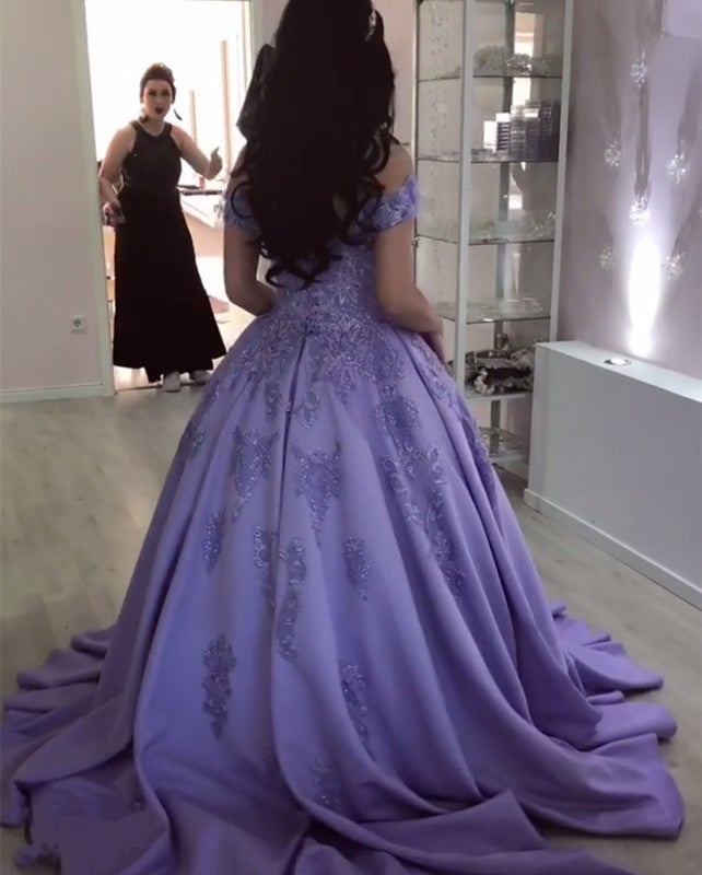 Lilac Lace Flowers Beaded V-neck Ball Gown Satin Dresses Off Shoulder