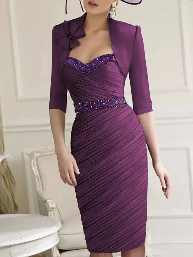 Sheath / Column Mother of the Bride Dress Sexy Sweetheart Neckline Knee Length Polyester Half Sleeve with Bow(s) Sequin Ruching - RongMoon