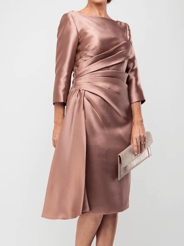 Sheath / Column Mother of the Bride Dress Elegant Jewel Neck Knee Length Satin 3/4 Length Sleeve with Split Front Ruching - RongMoon