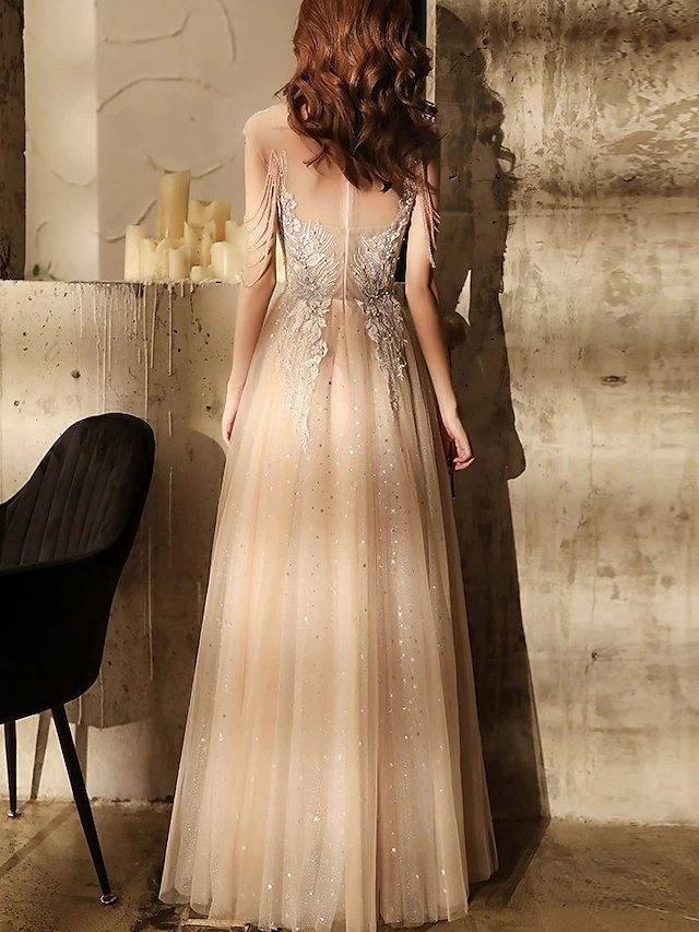 A-Line Sparkle Elegant Wedding Guest Engagement Dress Illusion Neck Short Sleeve Floor Length Tulle with Sequin Tassel Appliques - RongMoon