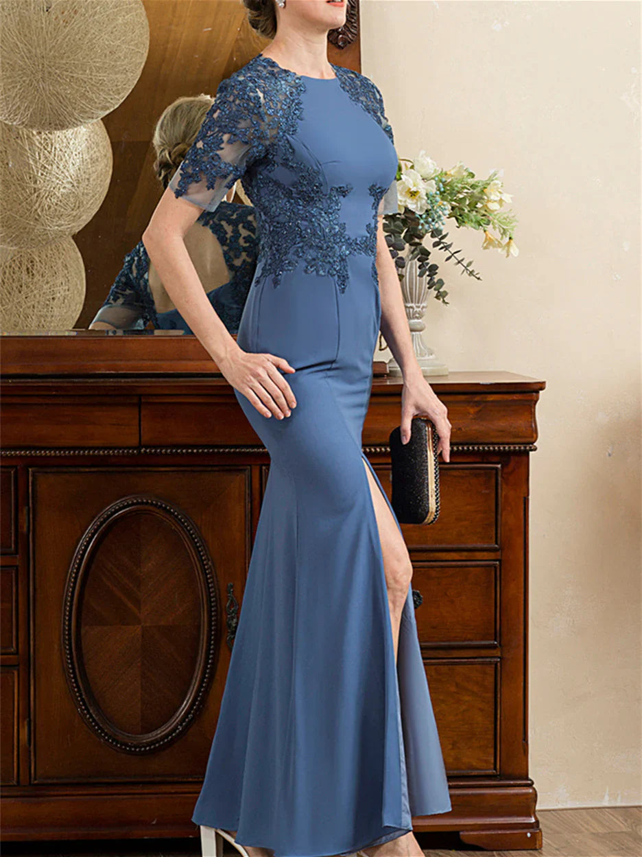 Speaker/fishtail short sleeved and ankle slit mother of the bride dresses