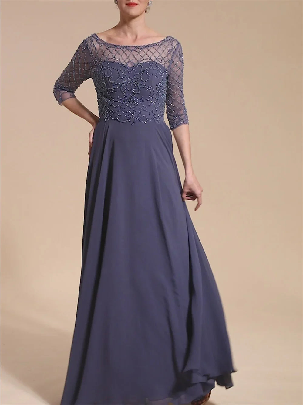 A-line/Princess spoon short sleeved and ground beaded mother of the bride dresses
