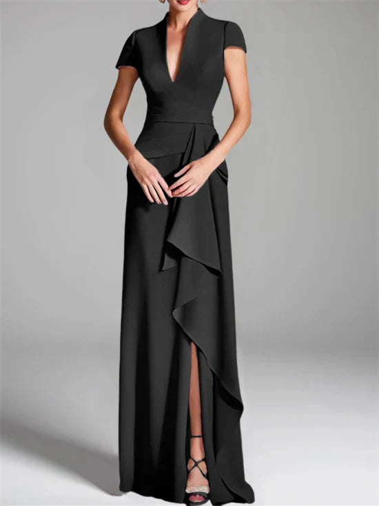 Tight fit/column V-neck to ground length mother of the bride dress