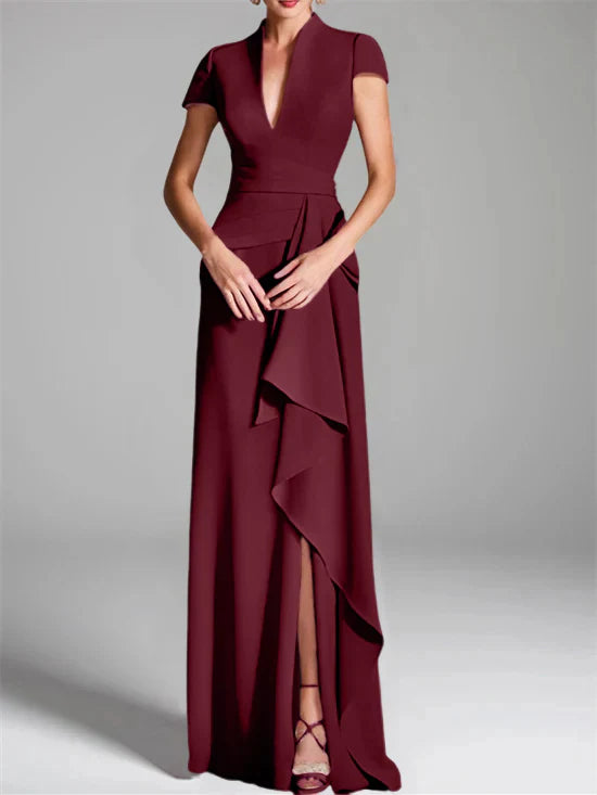 Tight fit/column V-neck to ground length mother of the bride dress