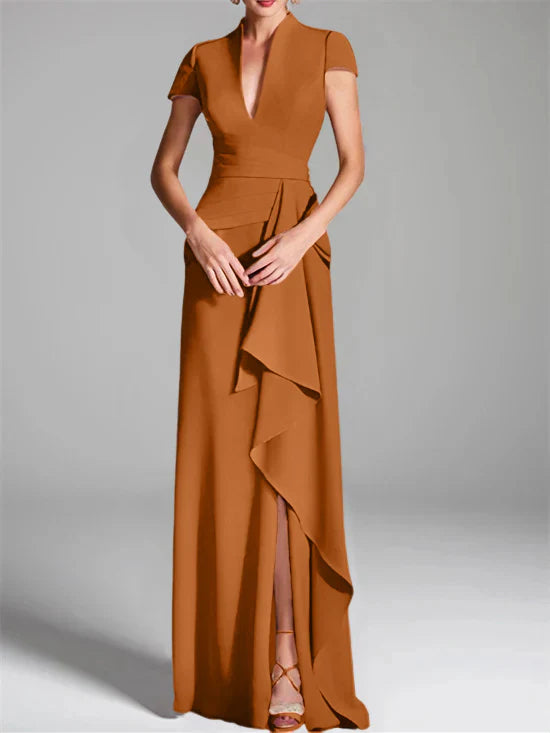 Tight fit/column V-neck to ground length mother of the bride dress