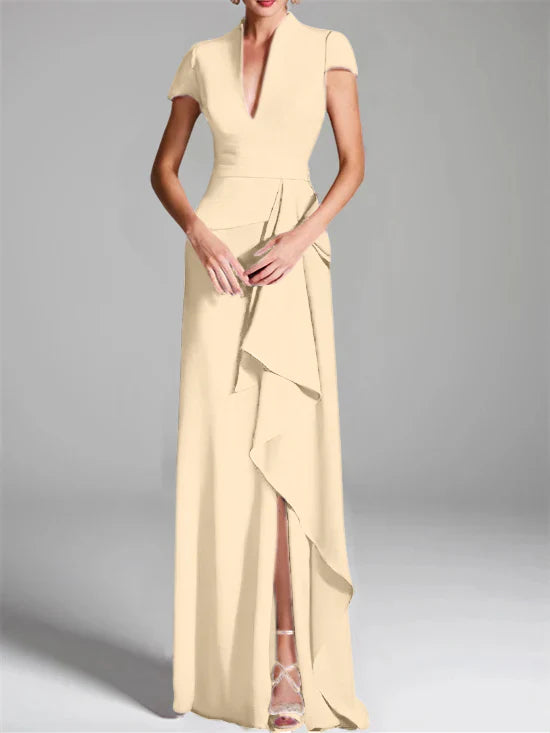 Tight fit/column V-neck to ground length mother of the bride dress