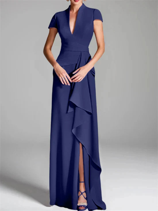 Tight fit/column V-neck to ground length mother of the bride dress