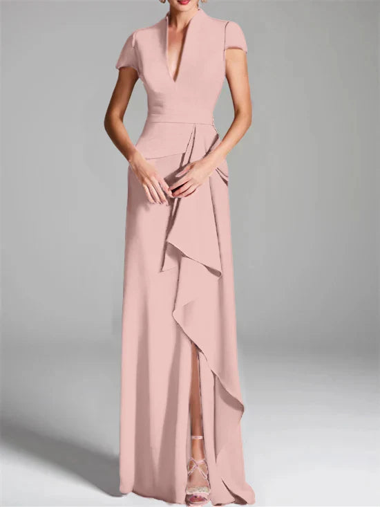 Tight fit/column V-neck to ground length mother of the bride dress