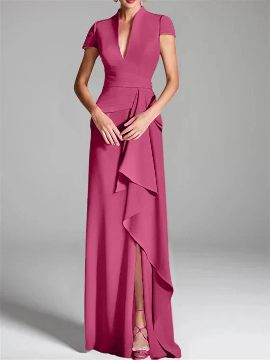 Tight fit/column V-neck to ground length mother of the bride dress
