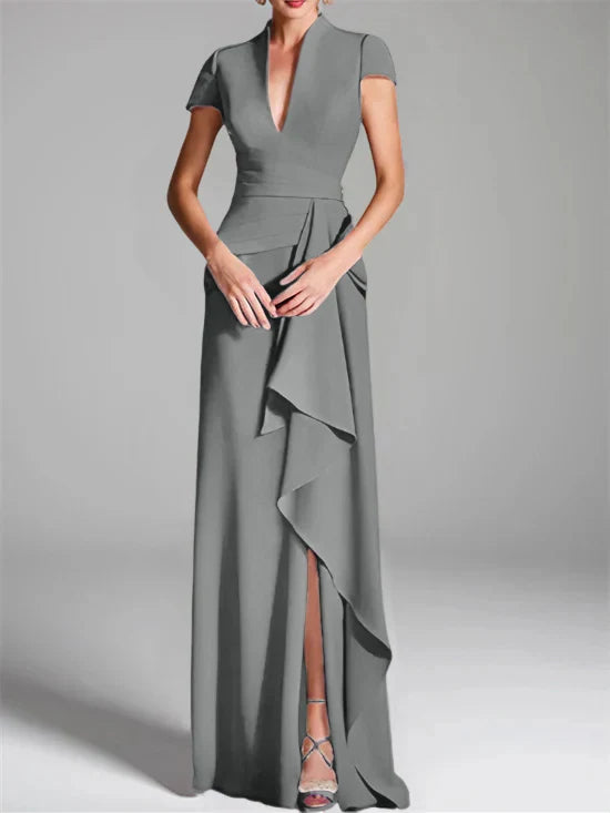 Tight fit/column V-neck to ground length mother of the bride dress
