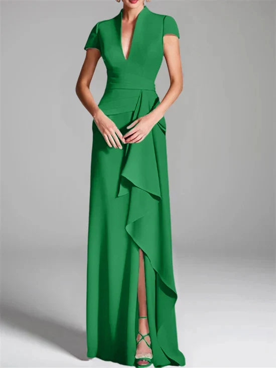 Tight fit/column V-neck to ground length mother of the bride dress
