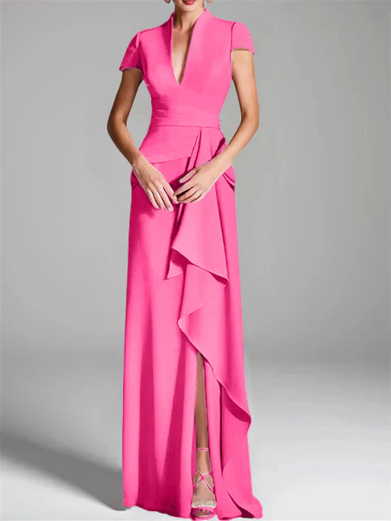 Tight fit/column V-neck to ground length mother of the bride dress