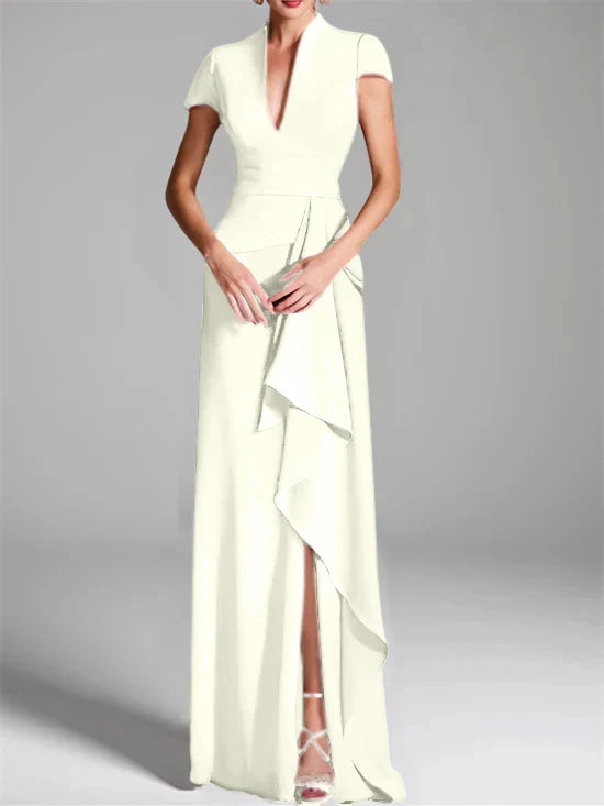 Tight fit/column V-neck to ground length mother of the bride dress