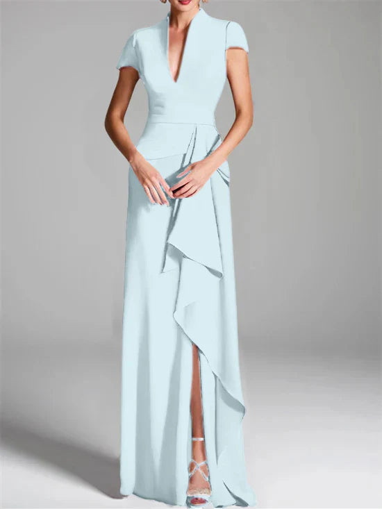 Tight fit/column V-neck to ground length mother of the bride dress