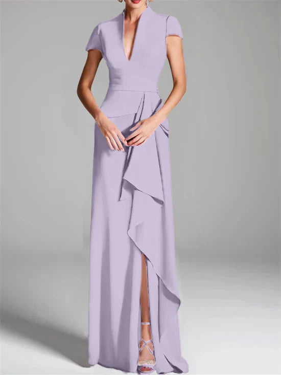 Tight fit/column V-neck to ground length mother of the bride dress