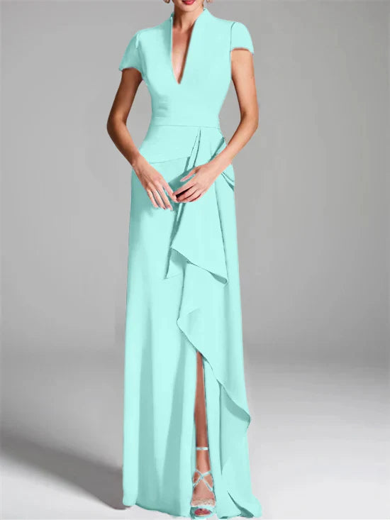 Tight fit/column V-neck to ground length mother of the bride dress