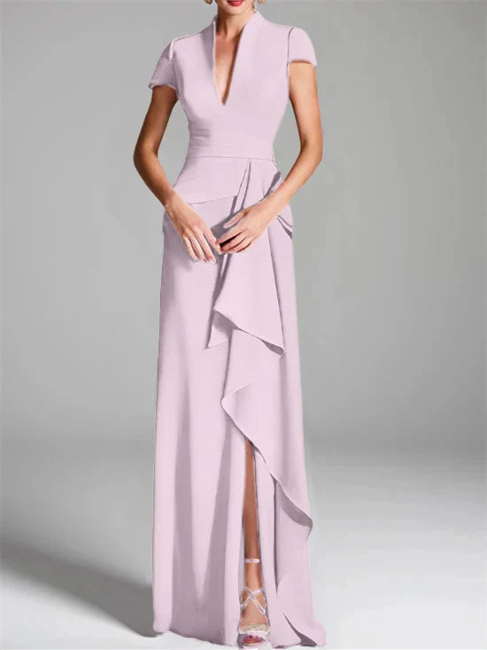 Tight fit/column V-neck to ground length mother of the bride dress