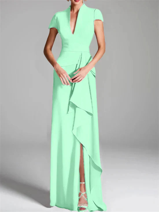 Tight fit/column V-neck to ground length mother of the bride dress