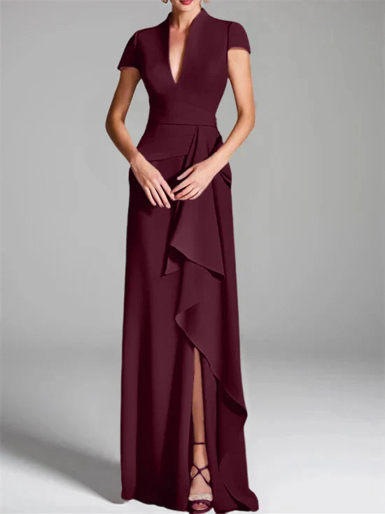 Tight fit/column V-neck to ground length mother of the bride dress