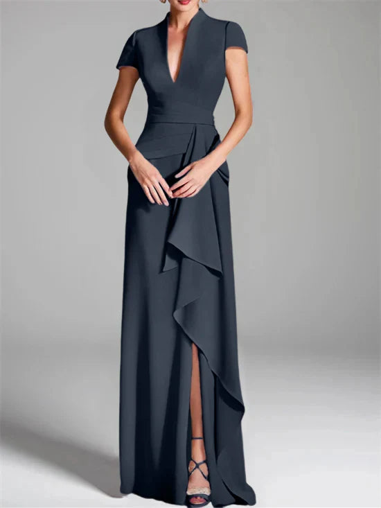 Tight fit/column V-neck to ground length mother of the bride dress