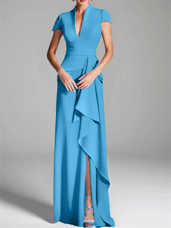 Tight fit/column V-neck to ground length mother of the bride dress