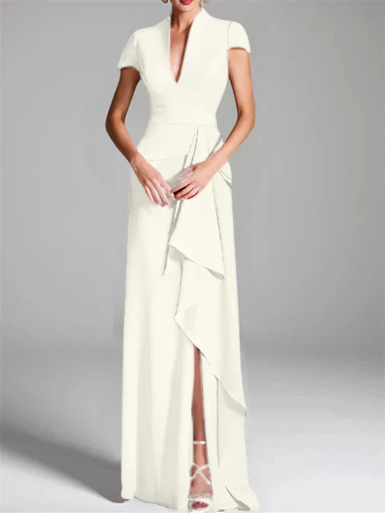 Tight fit/column V-neck to ground length mother of the bride dress