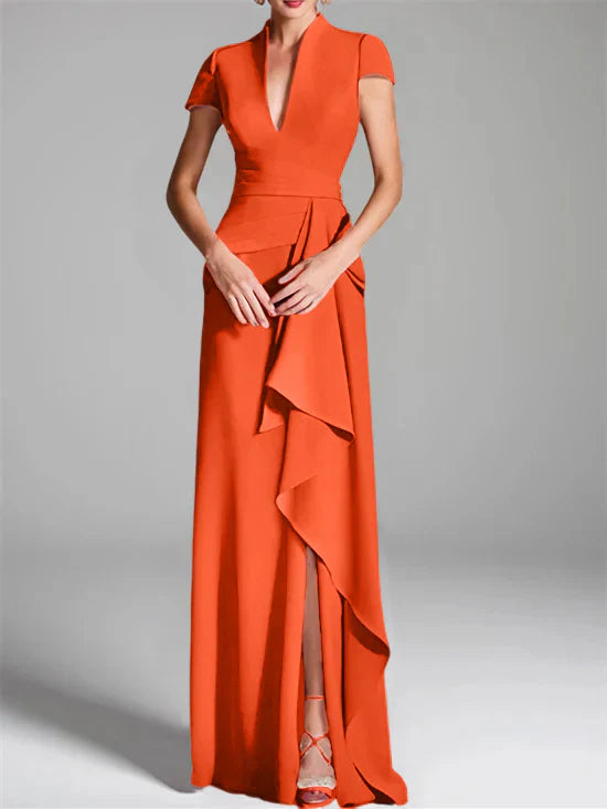 Tight fit/column V-neck to ground length mother of the bride dress