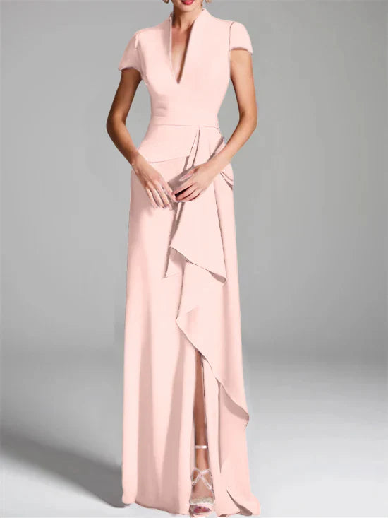 Tight fit/column V-neck to ground length mother of the bride dress