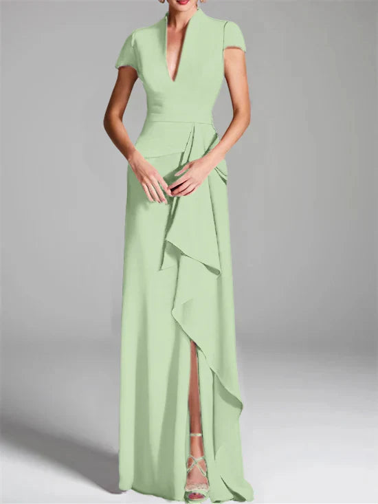Tight fit/column V-neck to ground length mother of the bride dress