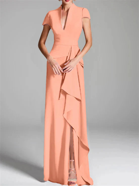 Tight fit/column V-neck to ground length mother of the bride dress