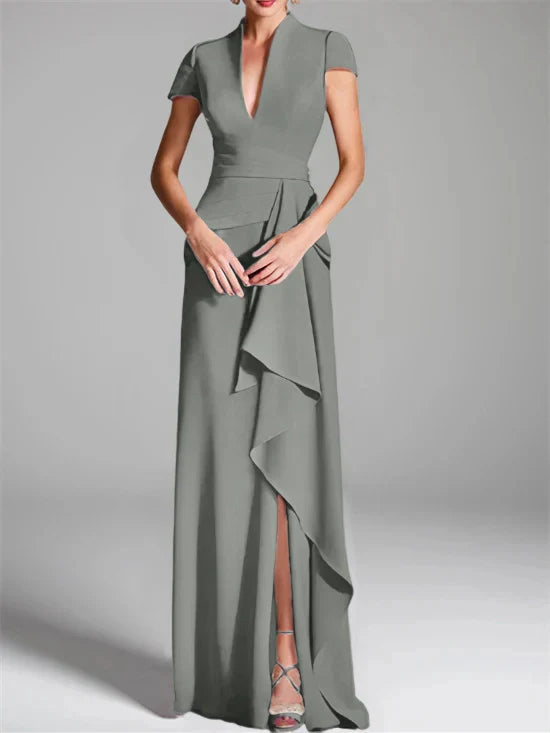 Tight fit/column V-neck to ground length mother of the bride dress