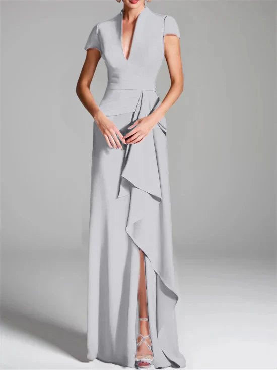 Tight fit/column V-neck to ground length mother of the bride dress