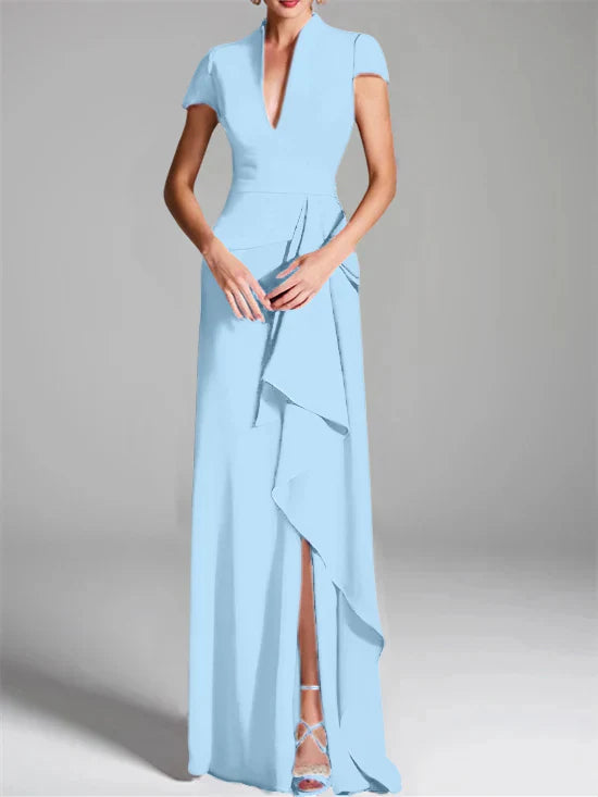 Tight fit/column V-neck to ground length mother of the bride dress