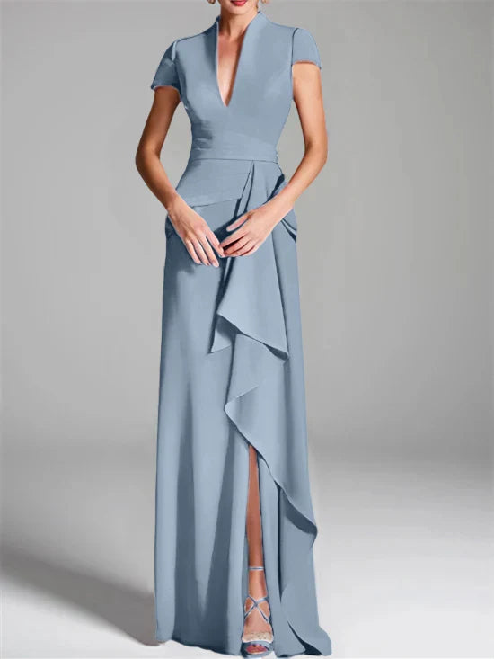 Tight fit/column V-neck to ground length mother of the bride dress