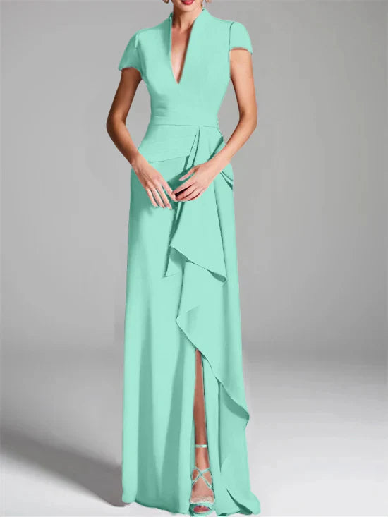 Tight fit/column V-neck to ground length mother of the bride dress