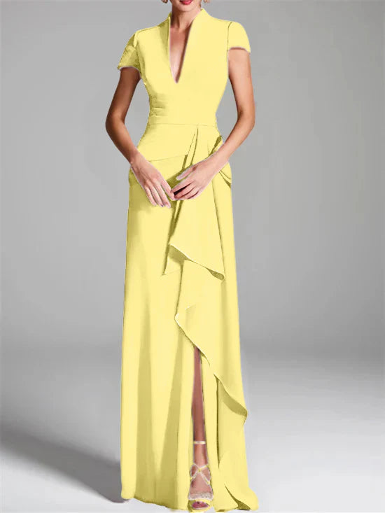 Tight fit/column V-neck to ground length mother of the bride dress
