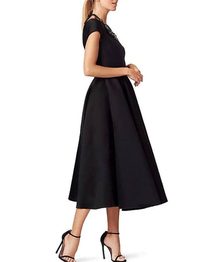 A-Line Mother of the Bride Dress Elegant Jewel Neck Tea Length Satin Short Sleeve with Ruching - RongMoon