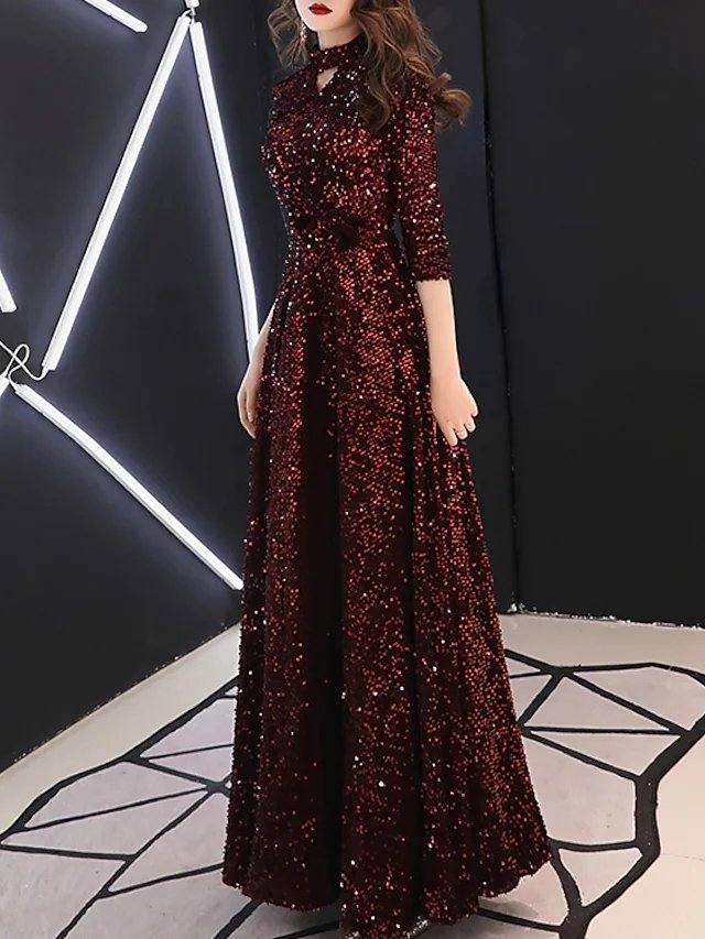 A-Line Minimalist Sparkle Prom Formal Evening Dress Jewel Neck 3/4 Length Sleeve Floor Length Sequined with Sequin Solid - RongMoon