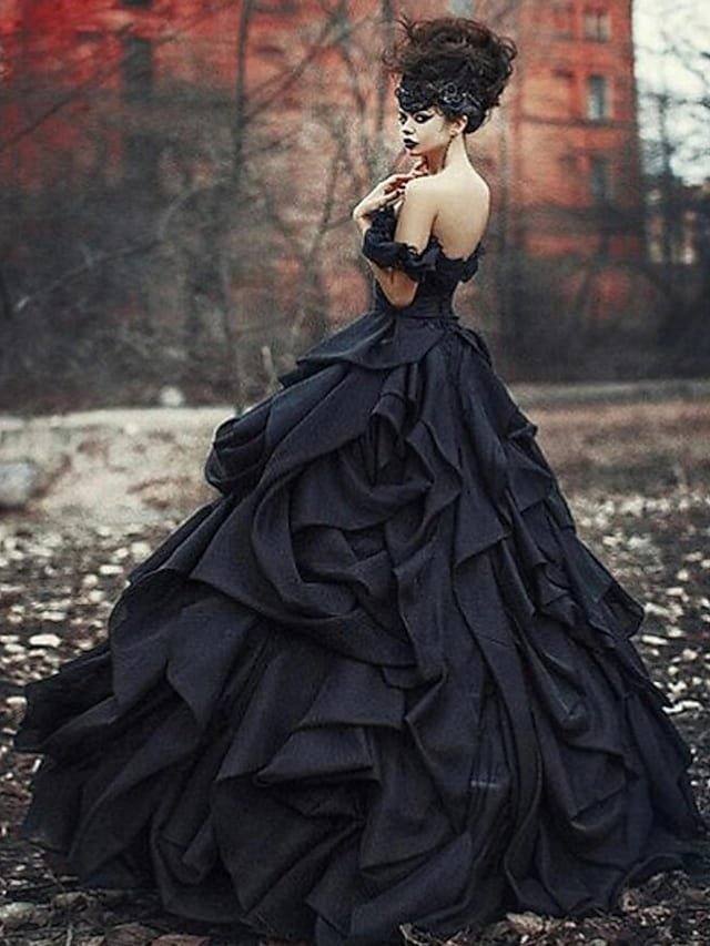 Ball Gown Wedding Dresses Off Shoulder Court Train Lace Tulle Short Sleeve Sexy Black Modern with Lace Cascading Ruffles - RongMoon