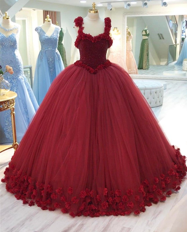 Maroon Tulle Ball Gown Flower Wedding Dresses With Crystal Beaded Bodice