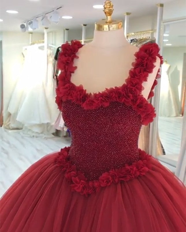 Maroon Tulle Ball Gown Flower Wedding Dresses With Crystal Beaded Bodice